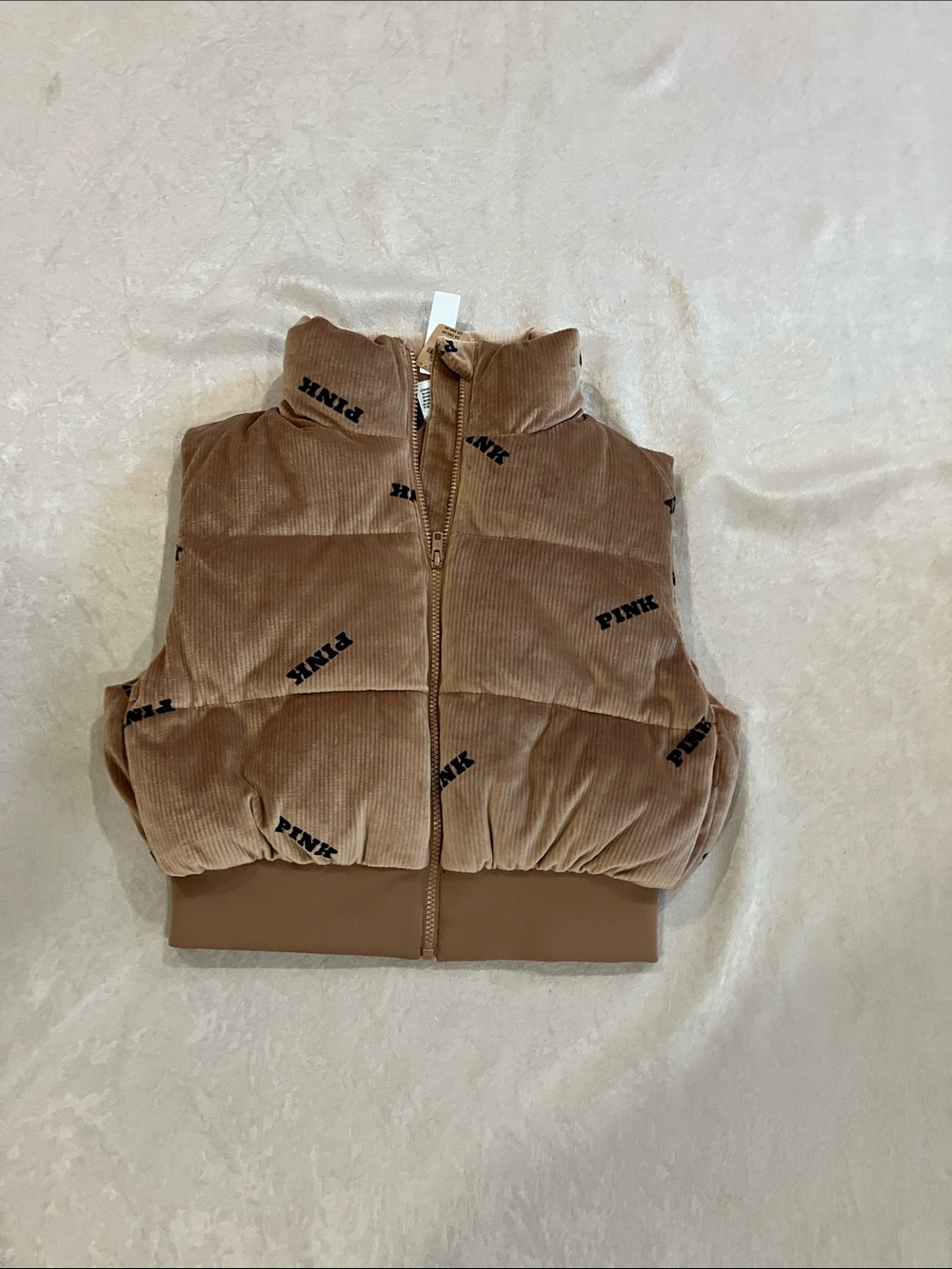 PINK Victoria’s Secret Rib Velour Cropped Puffer Vest Caramel size-XS
